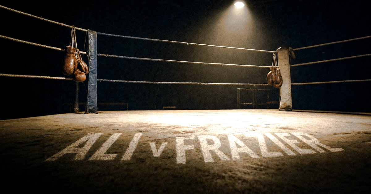 Empty boxing ring lit by a single overhead spotlight, ALI v FRAZIER chalked on the canvas, no depiction of real fighters