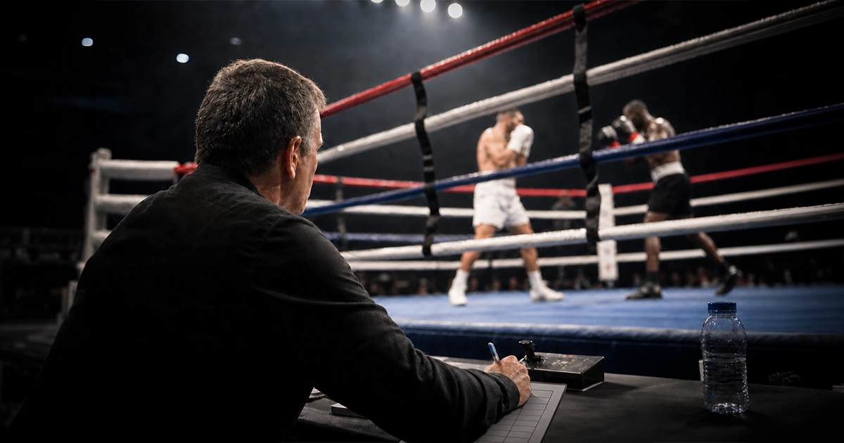 Fictitious ringside boxing judge scoring a round on a scorecard, boxers visible mid-fight in the background