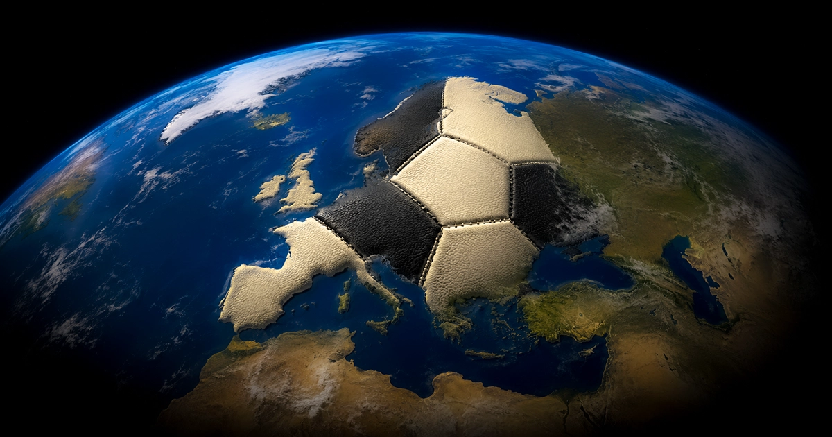 Earth viewed from space at night, with the European landmass textured as a black-and-white football, its panels following the outline of the continent