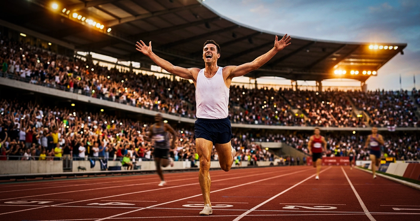 Athlete crossing the finish line on a red athletics track, arms raised in victory, packed floodlit stadium in background