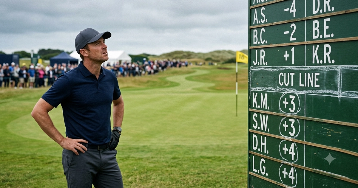 Fictitious golfer checking a leaderboard showing the projected cut line during a tournament