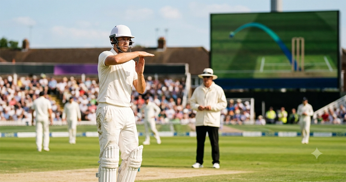 Fictitious cricket third umpire reviewing a decision on screen with ball-tracking data overlay