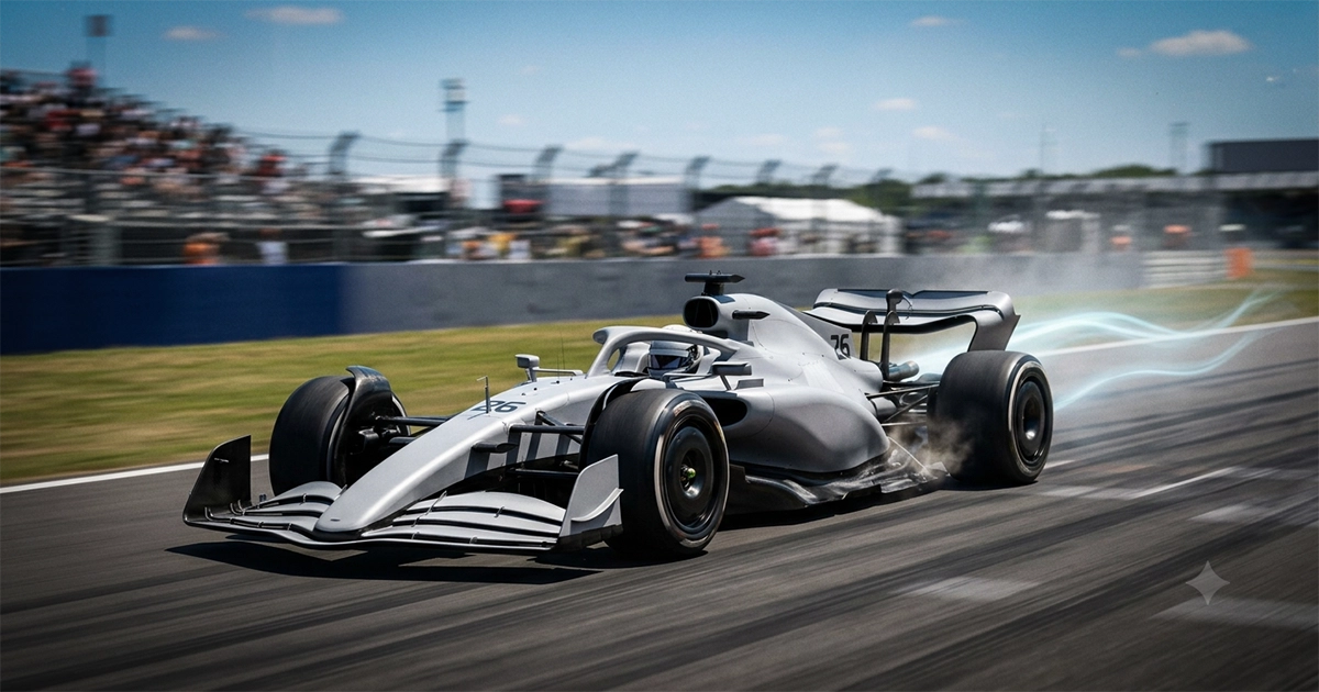 Fictitious F1 car with visible rear wing flap on a straight, illustrating active aerodynamics
