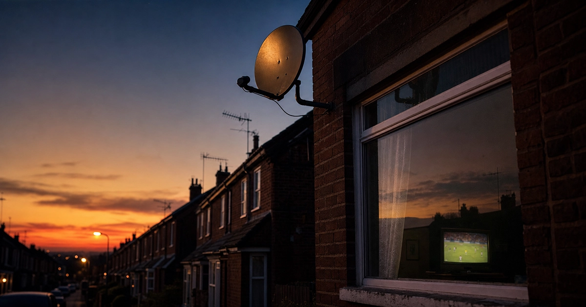 A satellite TV dish mounted on a terraced house roof at dusk, with a football match visible on a television glowing through a curtained window below