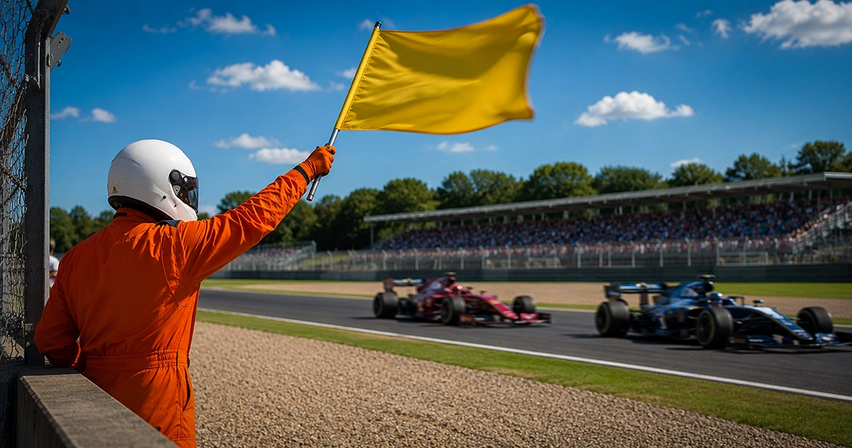 Fictitious F1 marshal waving a yellow flag trackside as cars pass under caution