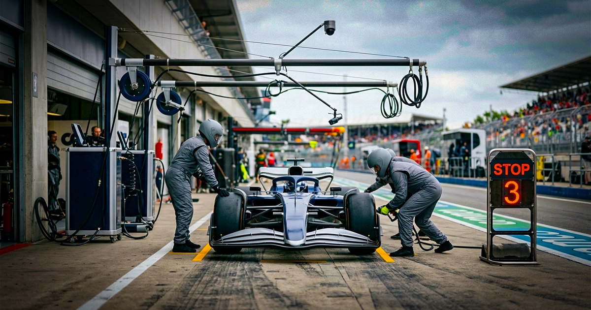 Fictitious F1 car in the pit lane beside a stop-go penalty board, mechanics visible, no real team livery or sponsor branding