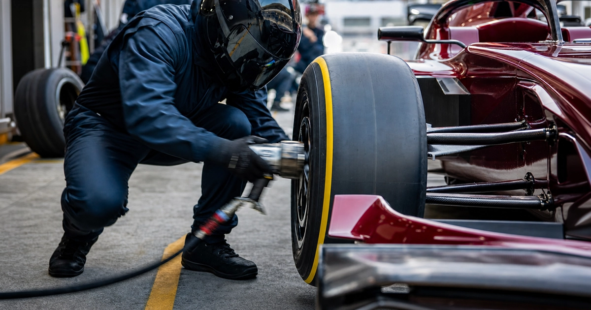 Fictitious F1 pit crew changing tyres during a pit stop, close-up on hard, medium, and soft compound markings