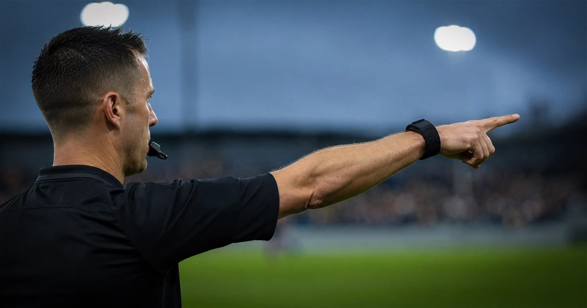 Referee pointing towards the touchline during a football match, indicating a decision under the new 2026/27 Laws of the Game