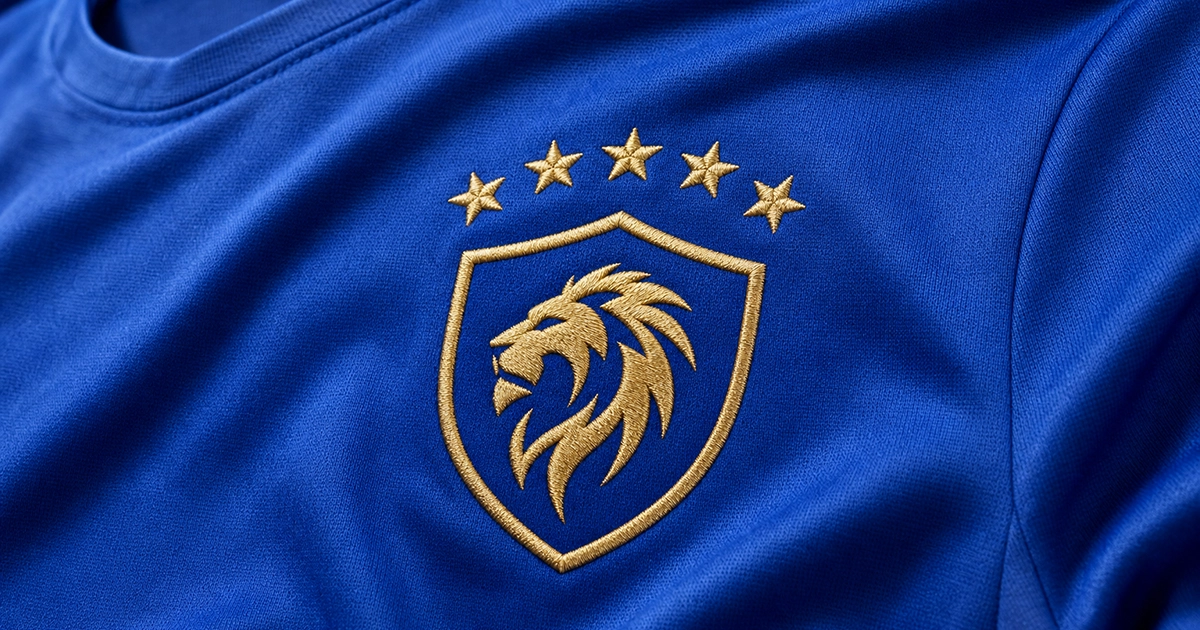A close-up promotional photograph of a bright blue football shirt, showing a fictitious gold lion crest on the left chest with an arc of five gold embroidered stars above it