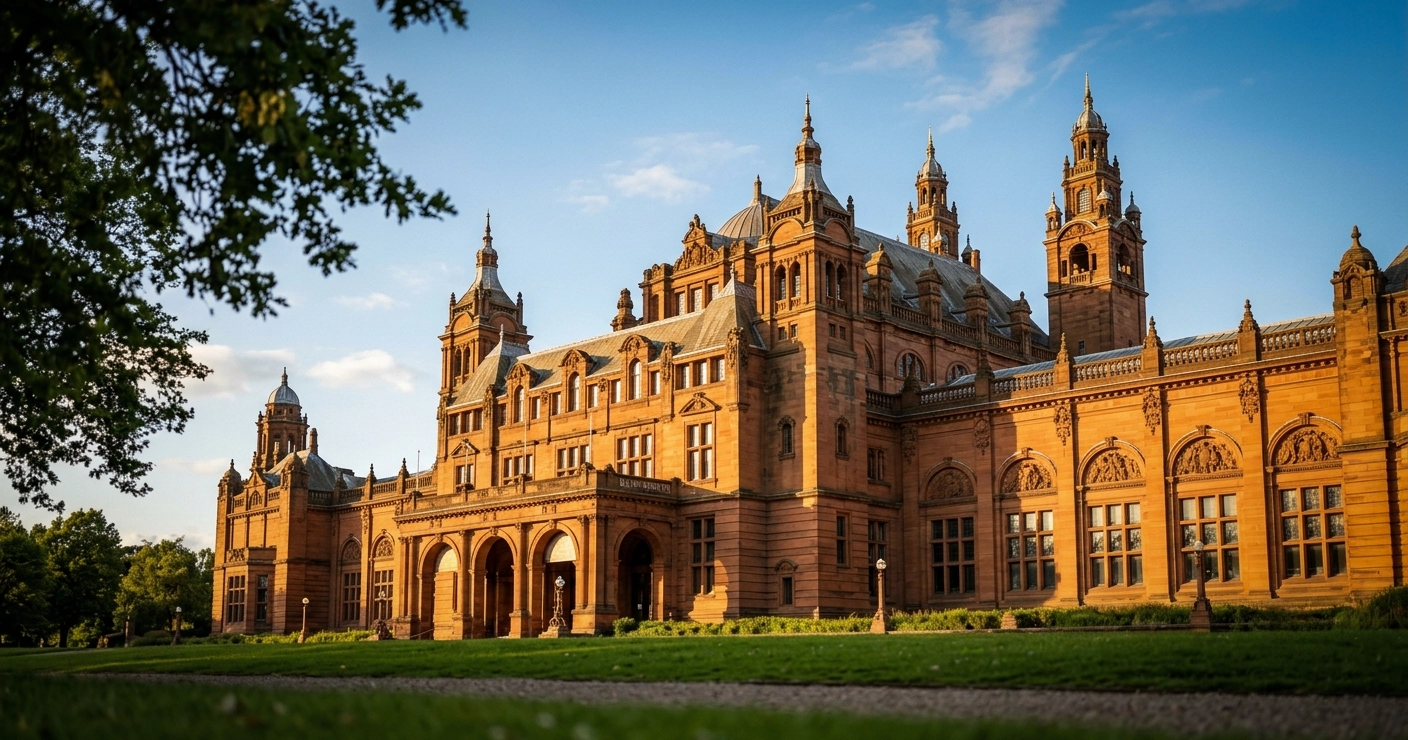Kelvingrove Art Gallery and Museum in Glasgow, red sandstone Victorian building bathed in warm golden afternoon light