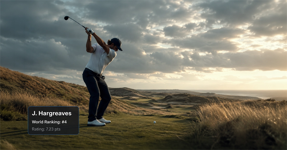 A fictitious golfer mid-swing on a links course with world ranking data overlay showing J. Hargreaves, World Ranking #4, Rating 7.23 pts