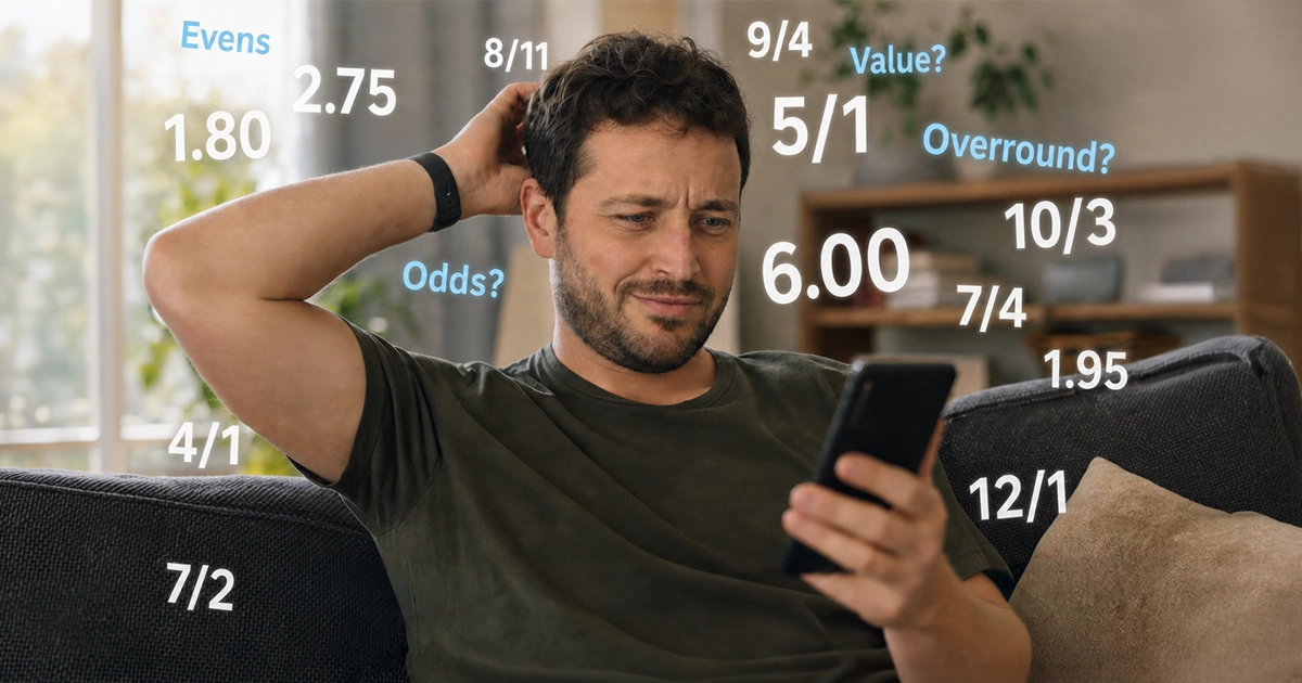 A person looking at their phone with a confused, bemused expression, surrounded by floating betting odds and jargon terms