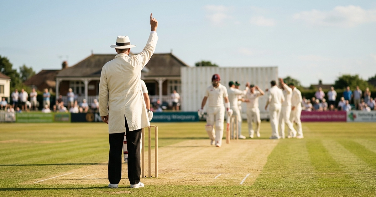 Fictitious cricket umpire raising a finger to signal a leg before wicket dismissal as the batter looks on