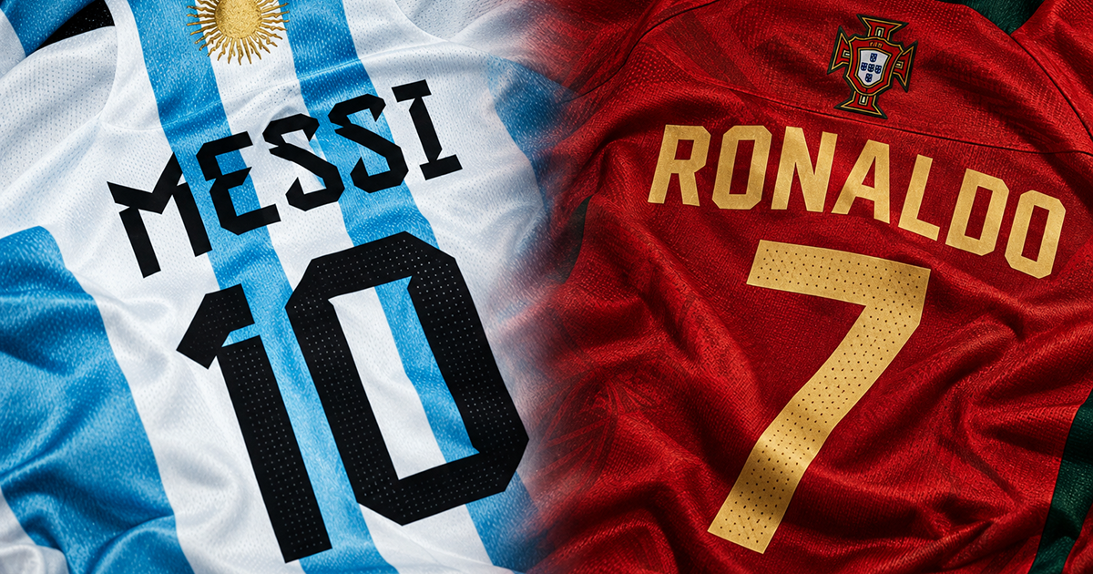 Messi and Ronaldo's club shirts side by side, numbered 10 and 7, representing the Argentina and Portugal strips.