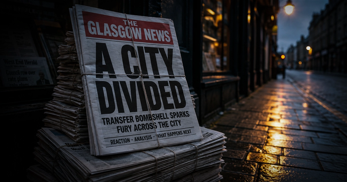 Stack of tabloid newspapers tied with string outside a Glasgow newsagent at dusk, red masthead ‘The Glasgow News’ front page reading ‘A City Divided’ above a transfer bombshell headline