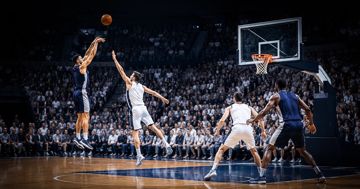 Fictitious basketball players in a live-play moment on court, contested jump shot near the basket, generic arena lighting, no real team branding