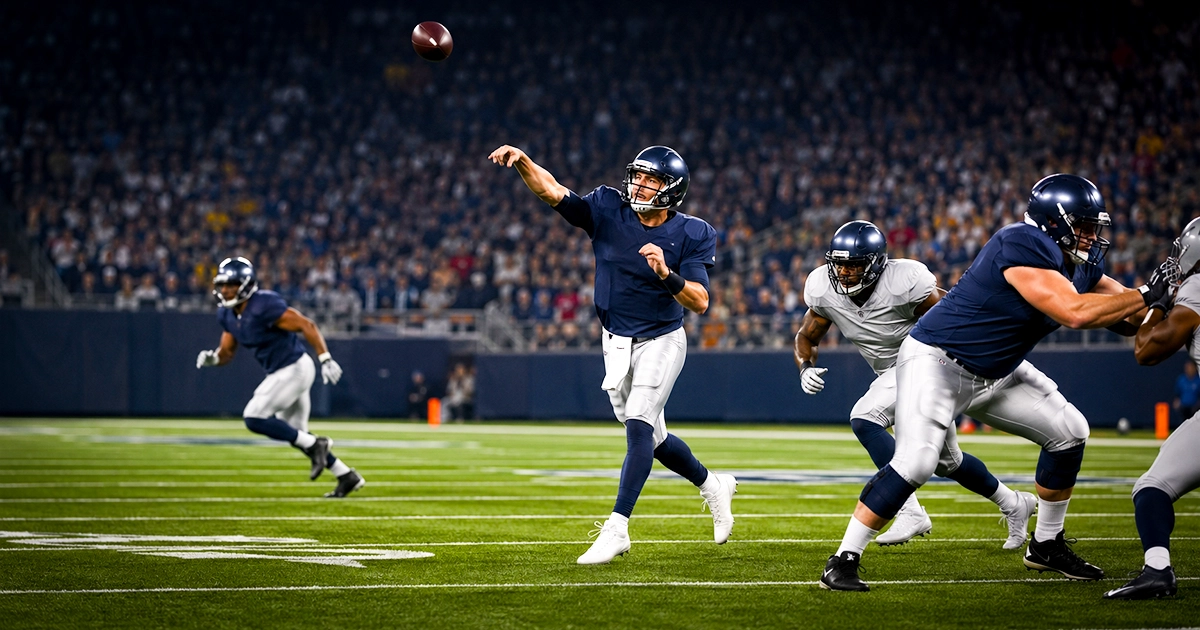 Fictitious NFL quarterback mid-throw with a pass rush developing, generic floodlit stadium, no real team branding