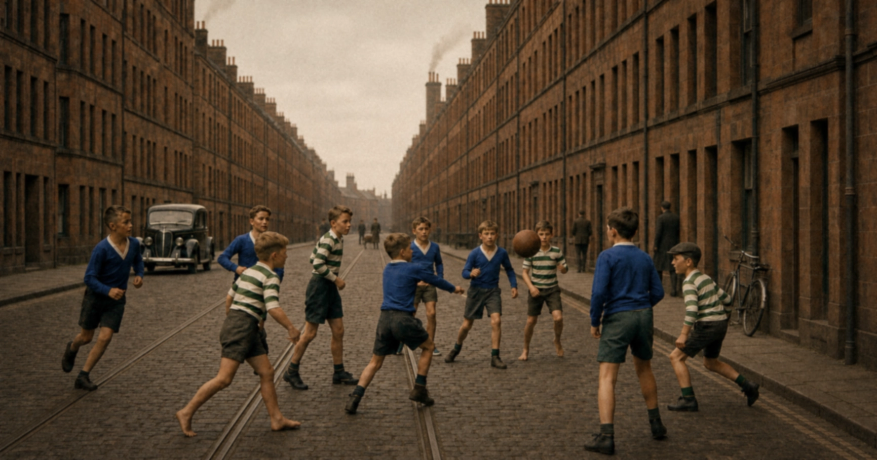 A vintage-style photograph of children playing football on a Glasgow tenement street, half wearing royal blue jerseys and half wearing green-and-white hooped jerseys