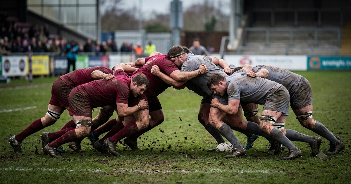 Fictitious rugby union scrum mid-engagement with both packs bound together on a grass pitch