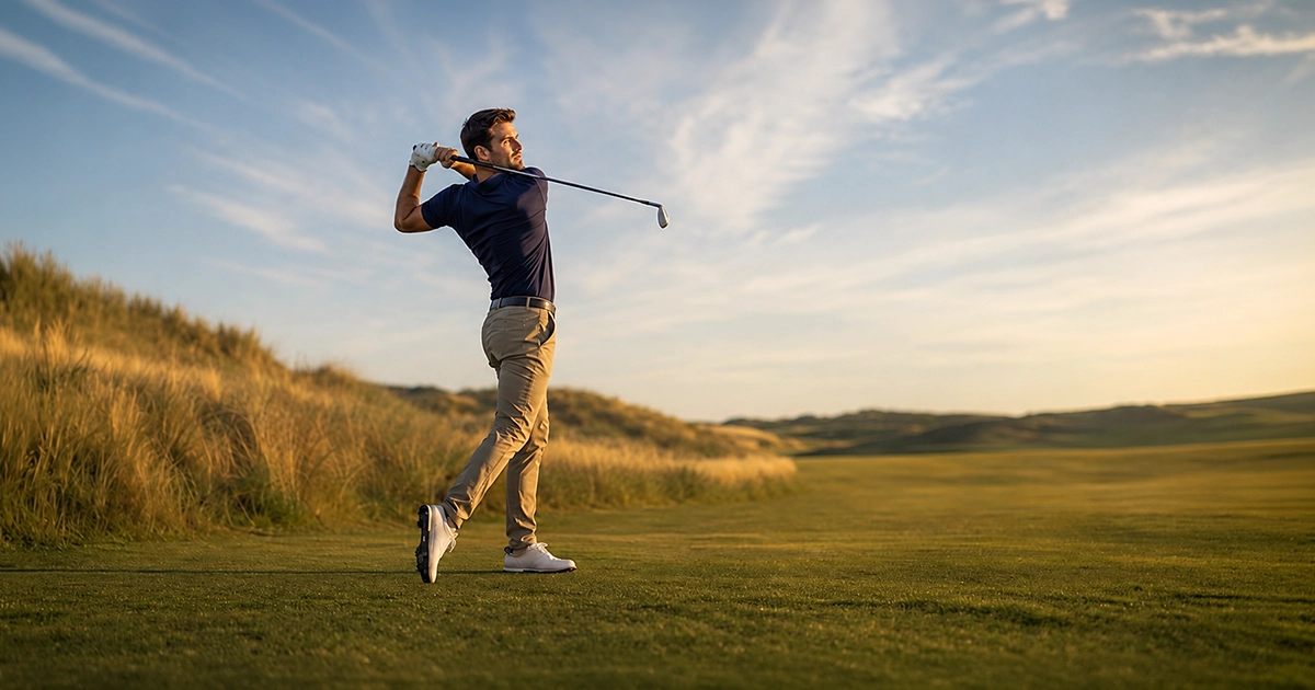Fictitious golfer playing a bunker shot at a links course with dunes in the background