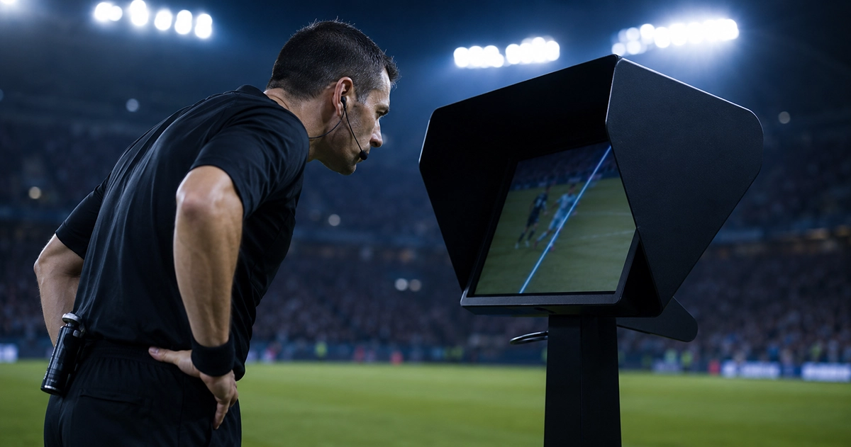 Fictitious referee reviewing a decision on a pitchside VAR monitor during a football match