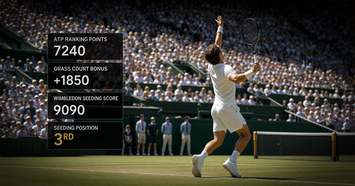 A fictitious tennis player serving on a grass court with Wimbledon seeding data overlay
