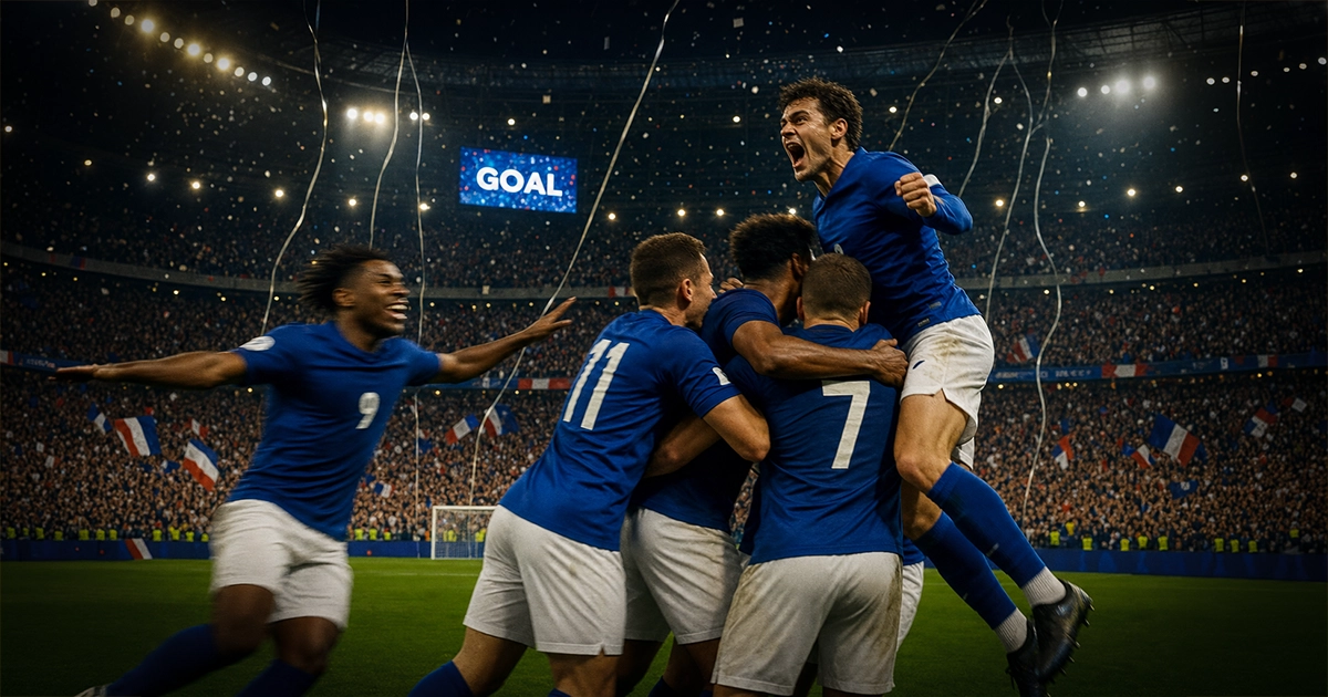Players celebrating a World Cup goal in a packed stadium under floodlights