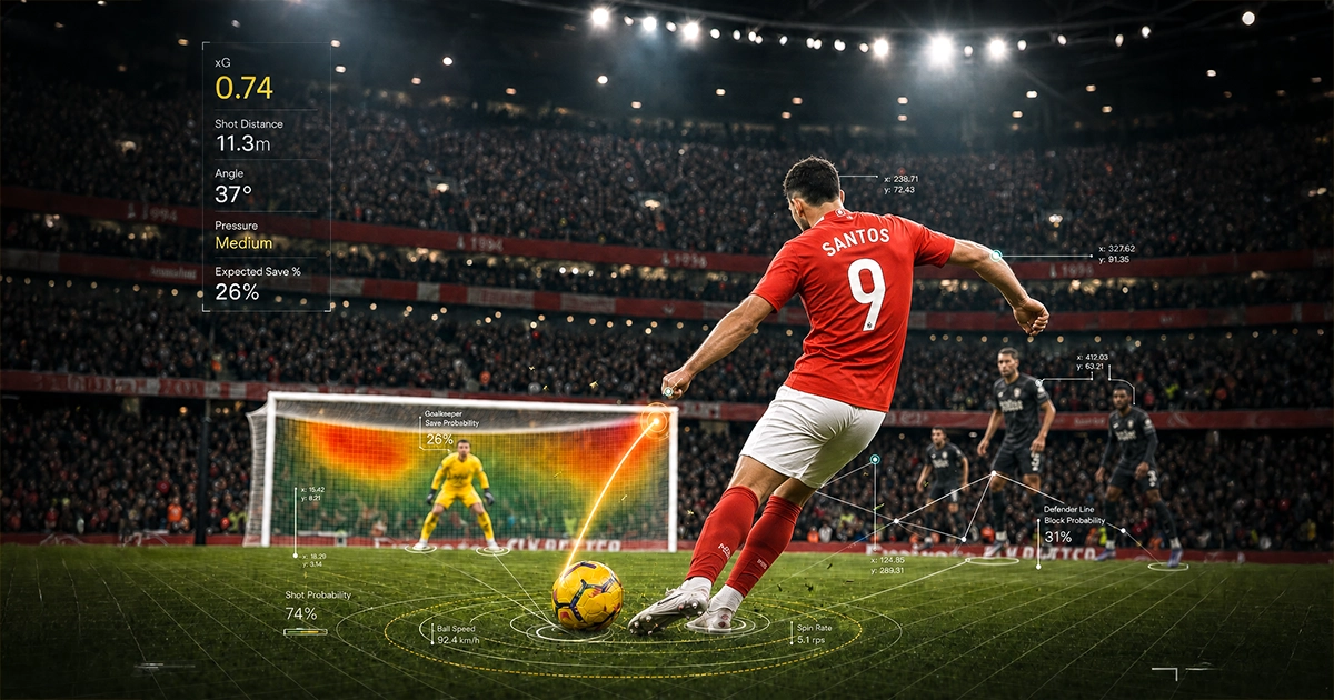 Footballer Santos striking a shot with xG data visualisation overlay showing 0.74 expected goals